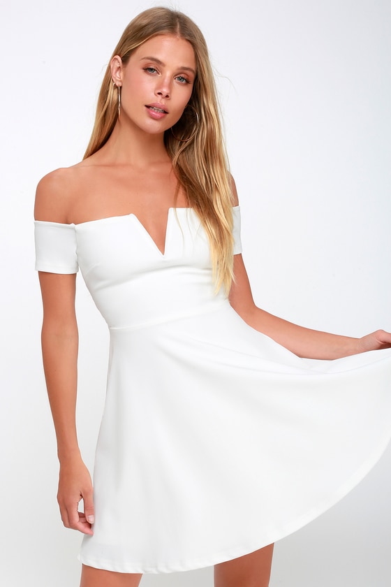 Cute White Dress - Off-the-Shoulder Dress - Skater Dress - L