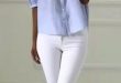 Blue striped off the shoulder top with white jeans | Fashion .