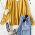 Sweet fall style- Yellow open shoulder jersey sweater outfit .
