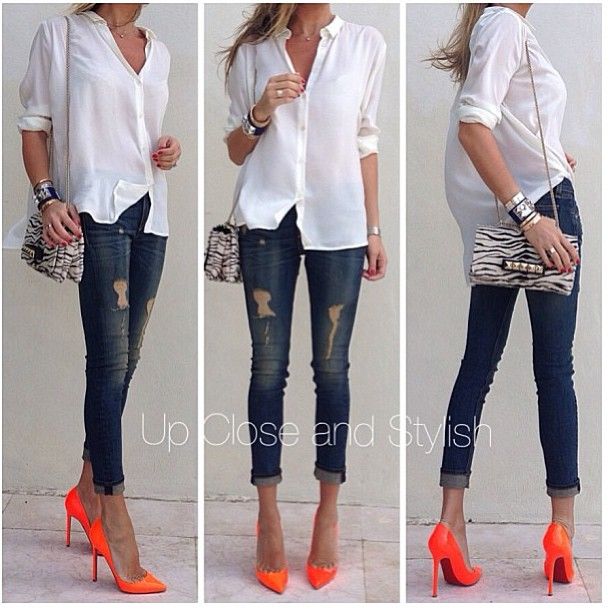 White, Jeans, Zebra Print, Neon Orange Outfit | Fashion, Cute .