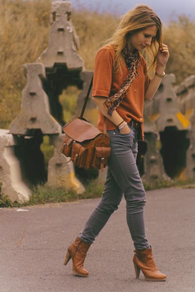 Orange shirt, gray cords, ankle boots, yeah! | Orange blouses .