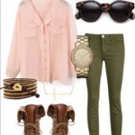 Cute/simple fall outfit circle glasses, lace up boots, green pants .