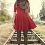Fall Outfit: red flare / skater dress, brown chunky knit scarf .