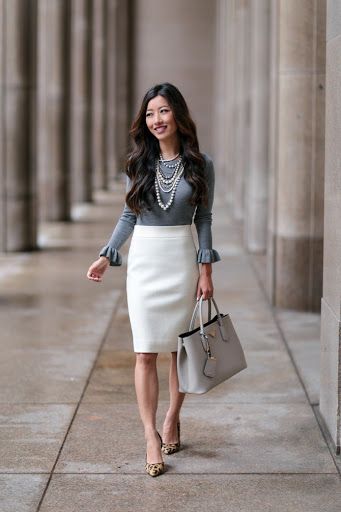 Ann Taylor Fall outfit // ruffle sweater top + wool skirt | Spring .