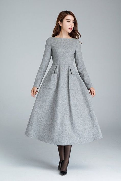 Wool dress, dress with pockets, light grey dress, winter dress .