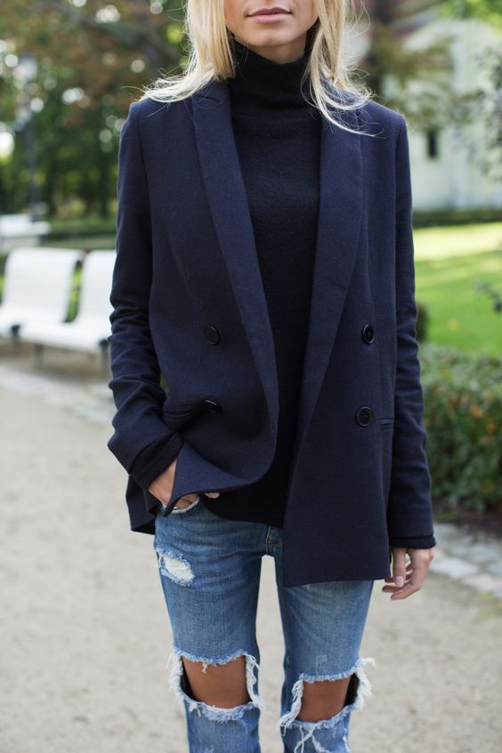 Denim ripped jeans and oversized blazer - love it. (With images .