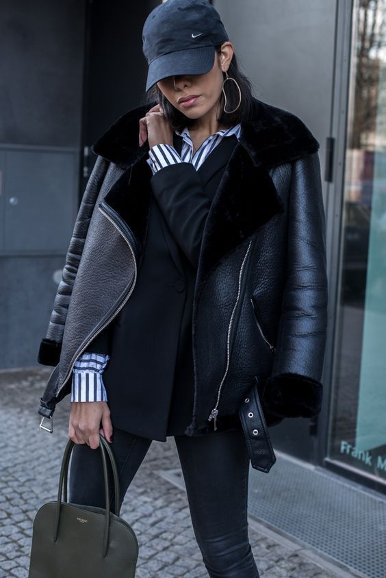 New black faux leather shearling warm aviator women coat winter .