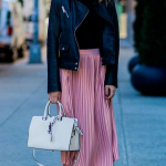 Outfit idea, fashion inspiration, leather jacket, pink skirt .