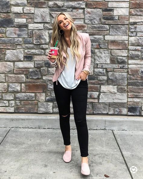 So cute for spring, pink moto jacket and pink loafers | Pink .