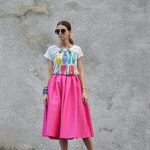 Beautiful Pink Midi Skirt Outfit Idea | Red midi skirt outfit .