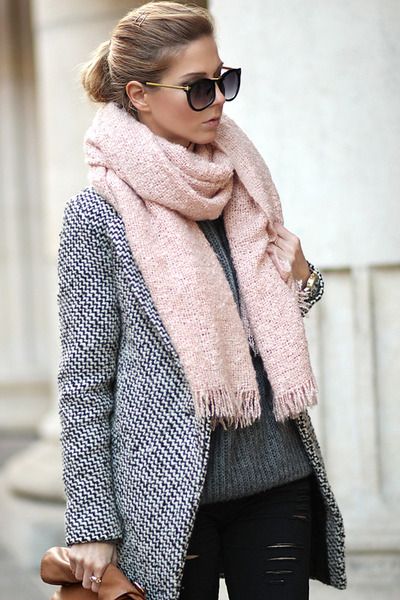 light pink scarf & charcoal gray black and white coat Sheinside .