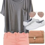 like the colors! big grey shirt + pink shorts + white shoes + .