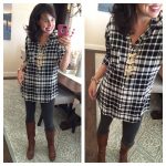 Let's Talk TUNICS! Black and white plaid top with grey leggings .