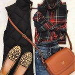 Black puffer vest outfit idea for fall and winter. Plaid shirt .