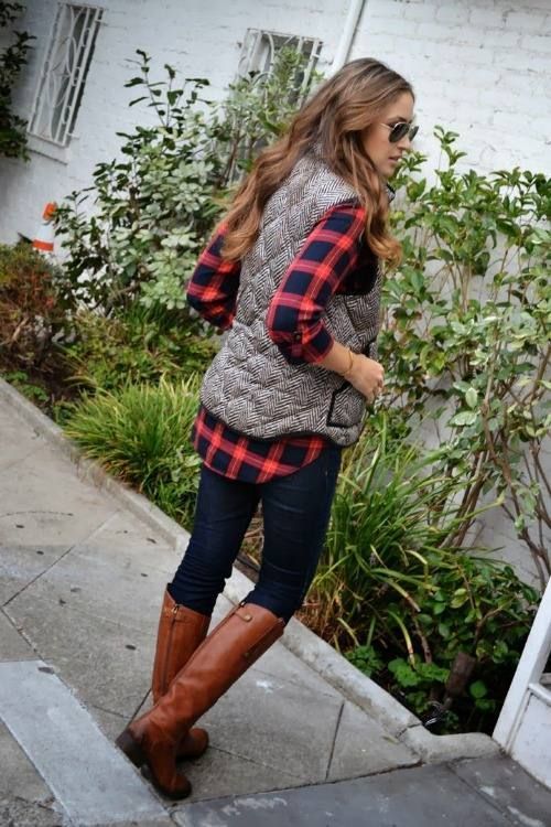 tweed vest over plaid // zazumi.com | Cute flannel outfits .