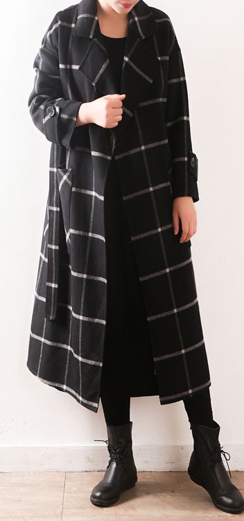 Elegant-black-Plaid-Wool-coats-plus-size-clothing-Notched-tie .