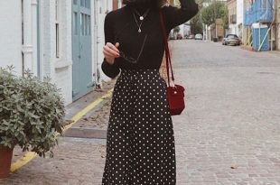 Black Turtleneck + Polka-Dot Midi Skirt // Women's Fashion, Outfit .