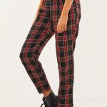 Trendy Burgundy Plaid Printed Cotton Loose Casual Pants for Women .