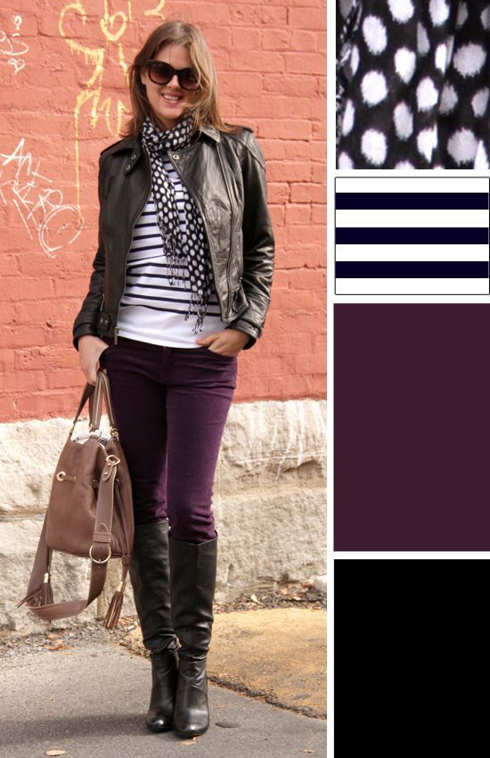 Black leather jacket, burgundy skinnies, black and white stripe .