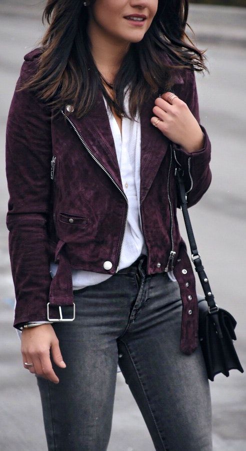 40 Express Outfit Ideas To Copy | Suede jacket outfit, Purple .