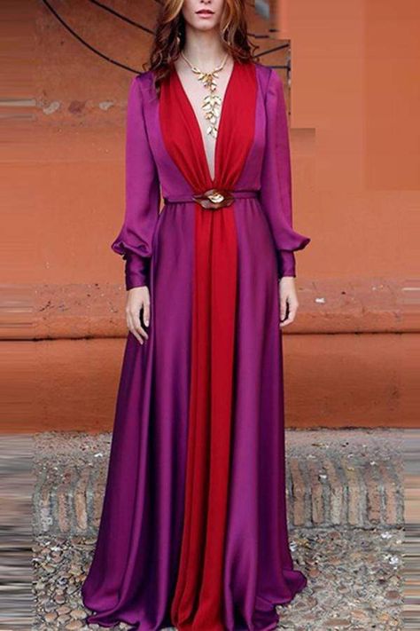 Long Sleeved Deep V Color Matching Dress | Vestidos en chifon .
