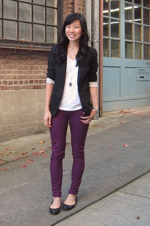 Chic and simple - plum.purple pants white top black jacketI can .