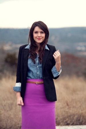 Need ideas on how to wear a brightly colored skirt... | Purple .