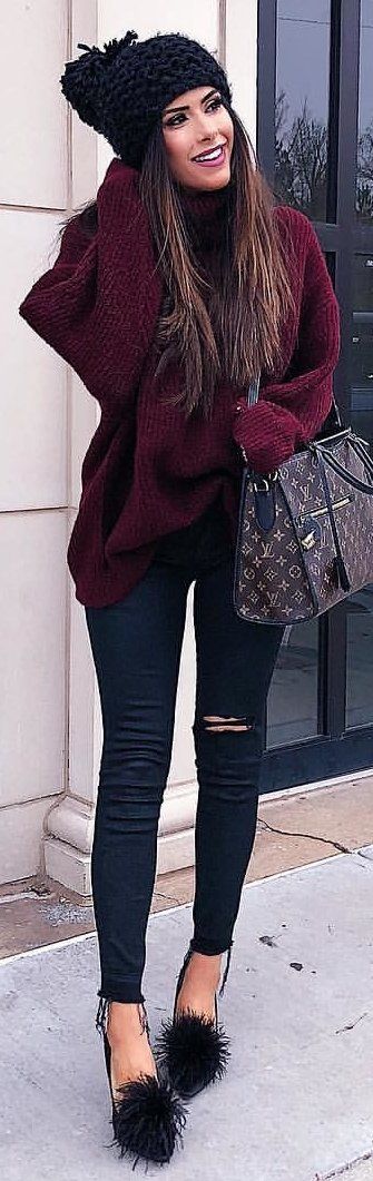 winter #outfits purple sweater and distressed black jeans .
