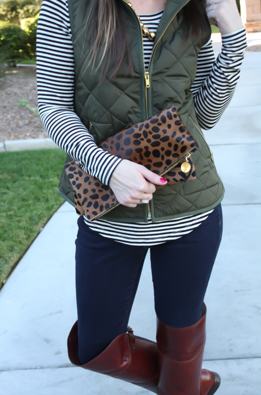 Army Green Quilted Vest, Striped Tee, Dark Wash Skinny Jeans, Over .