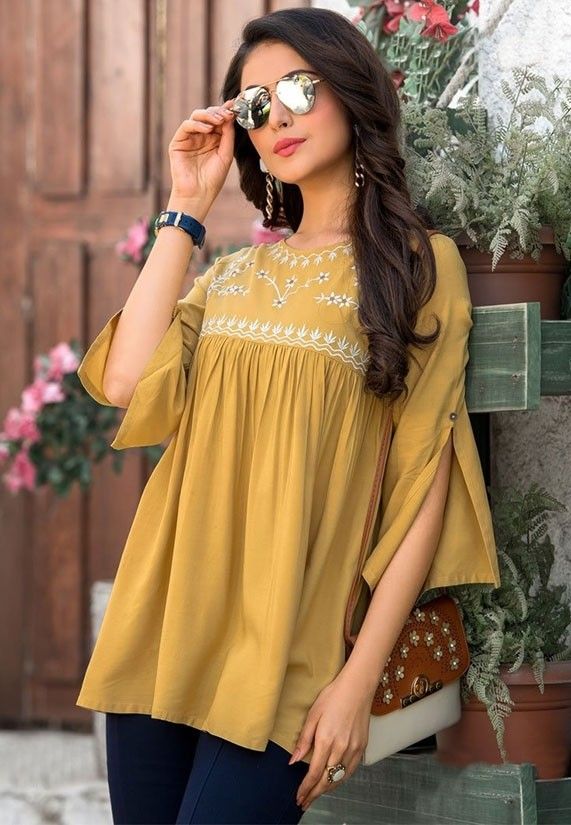 Mustard Embroidered Rayon Tunic in 2020 | Clothes for women .