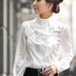 Laconic Mandarin Collar Puff Sleeve Ruffled Rayon Shirt - White .
