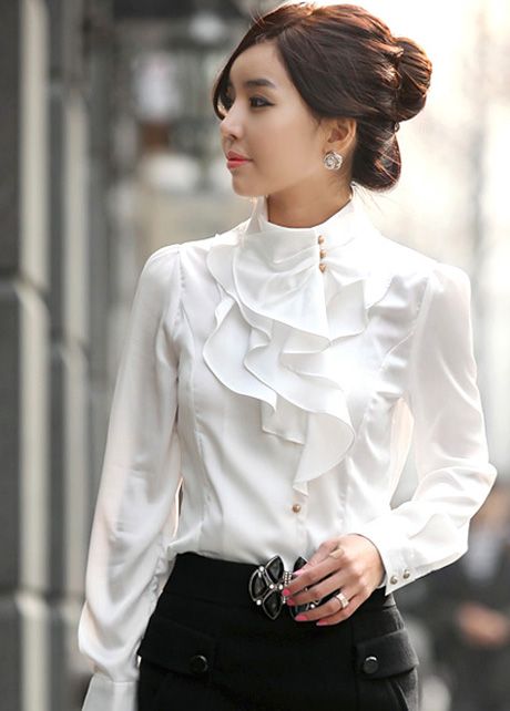 Laconic Mandarin Collar Puff Sleeve Ruffled Rayon Shirt - White .