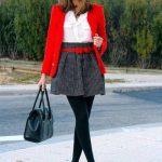 Printed skirt, black pumps, red jacket, red belt, white shirt .