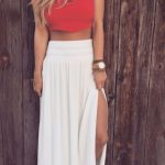 skirt, top, long white skirt, red top, halter top, crochet top .