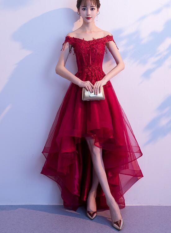 Dark Red High Low Dress, Beautiful Tulle and Lace Prom Dress .