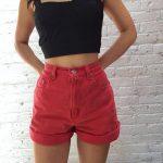 vintage high waisted red denim shorts / rolled cuff jean shorts .
