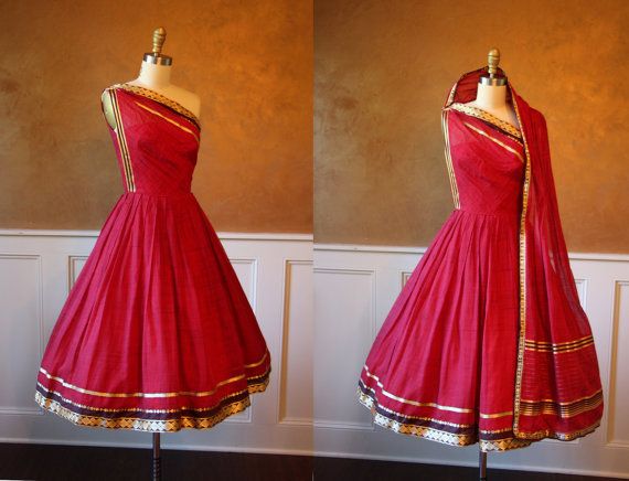 1950s Dress - Vintage 50s Dress - Red Silk Sari Couture One .