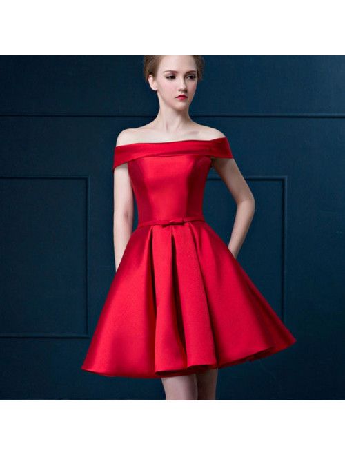 Cute Red Off Shoulder Satin Short Ball Dress | Evening gowns .