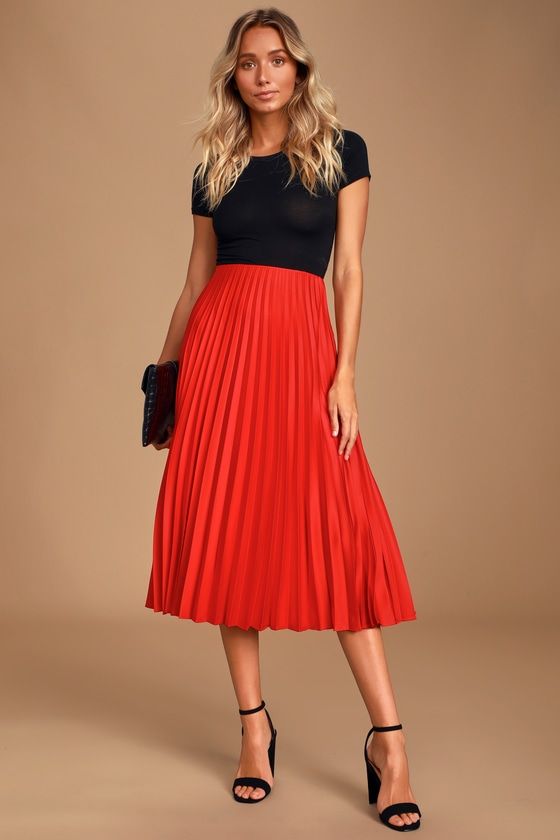 Galena Red Satin Pleated Midi Skirt in 2020 | Red pleated skirt .