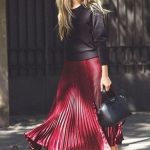 New burgundy metallic long pleated skirt maxi length wine red .