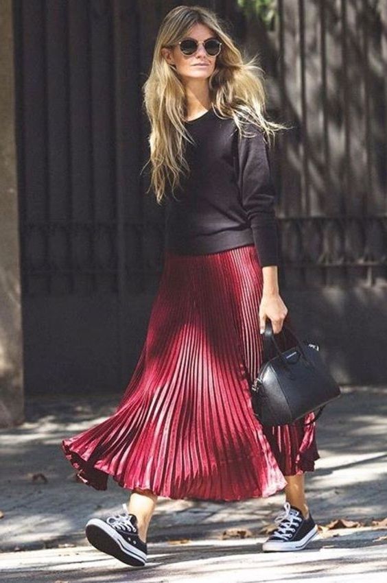 New burgundy metallic long pleated skirt maxi length wine red .