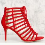 Red Strappy Caged Front Lace Up Open Toe Single Sole High Heel .