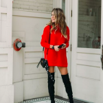 red turtleneck sweater dress with black thigh high boots. Visit .