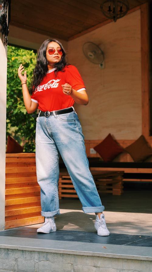 Cococola Tshirt, mom jeans, denims, red shades, red aviators .