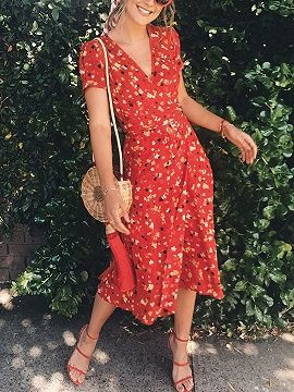 Red V-neck Floral Print Puff Sleeve Midi Dress - Choies.com | Red .