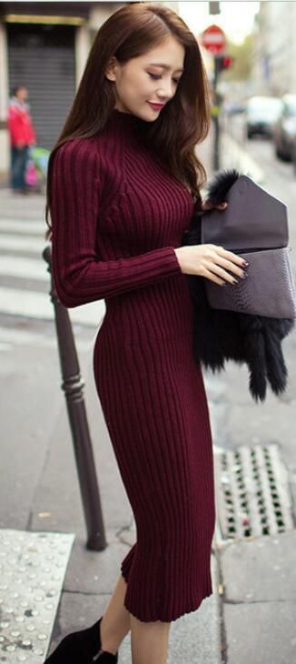 Bordeaux Sweaterdress. | Ribbed dress outfit, Long knit sweater .
