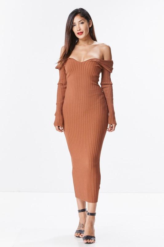 THE MYSTYLEMODE RUST KNIT RIBBED OFF THE SHOULDER MIDI DRE