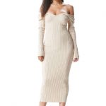 the mystylemode taupe knit ribbed off the shoulder midi dre