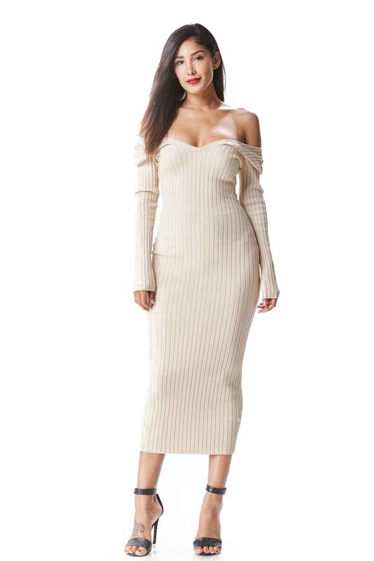 the mystylemode taupe knit ribbed off the shoulder midi dre