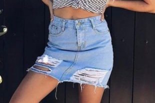 Summer #Outfits / Striped Shirt + Ripped Denim Skirt | Outfits .